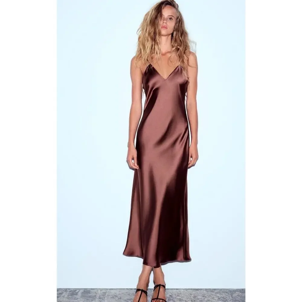 Zara Brown Satin Midi Dress